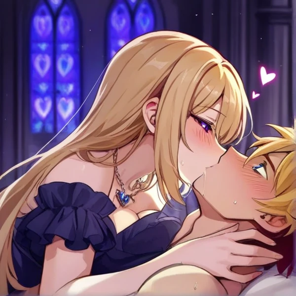 ((Highest quality)), ((masterpiece)), (detailed), (Perfect Face)、A woman is passionate about making love with a man々A loving couple is having sex with their genitals connected, deeply loving each other.、The woman is the evil queen, Dark Tearju, an evil transforming heroine with green eyes, blonde medium-long hair, a gorgeous evil queen dress with gold embroidery and trim, gorgeous accessories, and an engagement ring. With a truly happy expression on her face, she embraces the man she loves, snuggles up to him, happily accepting his caresses, kissing him, and having sex with him.、The man is the evil king, Naioro, a handsome man with medium-long blonde hair, wearing a black bodysuit, and doting on the woman, embracing her, fondling her breasts, having sex, and making love.、A man and a woman are sitting close together on a luxurious throne, making love.、A man and a woman are a deeply loving couple