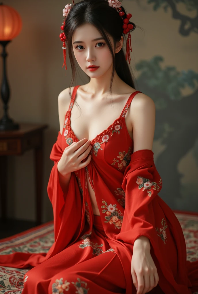 日本の着物のbeauty ベッドの上で官能的なポーズをとるリアルな女性, Detailed skin texture, Beautiful Faces, Long eyelashes, Glossy Lips, Delicate fingers, Elegant body shape, Luxurious silk bedding, Soft lighting, Structure of the film, Vibrant colors, Realistic, 8k, high quality Asia,beauty,Hanfu