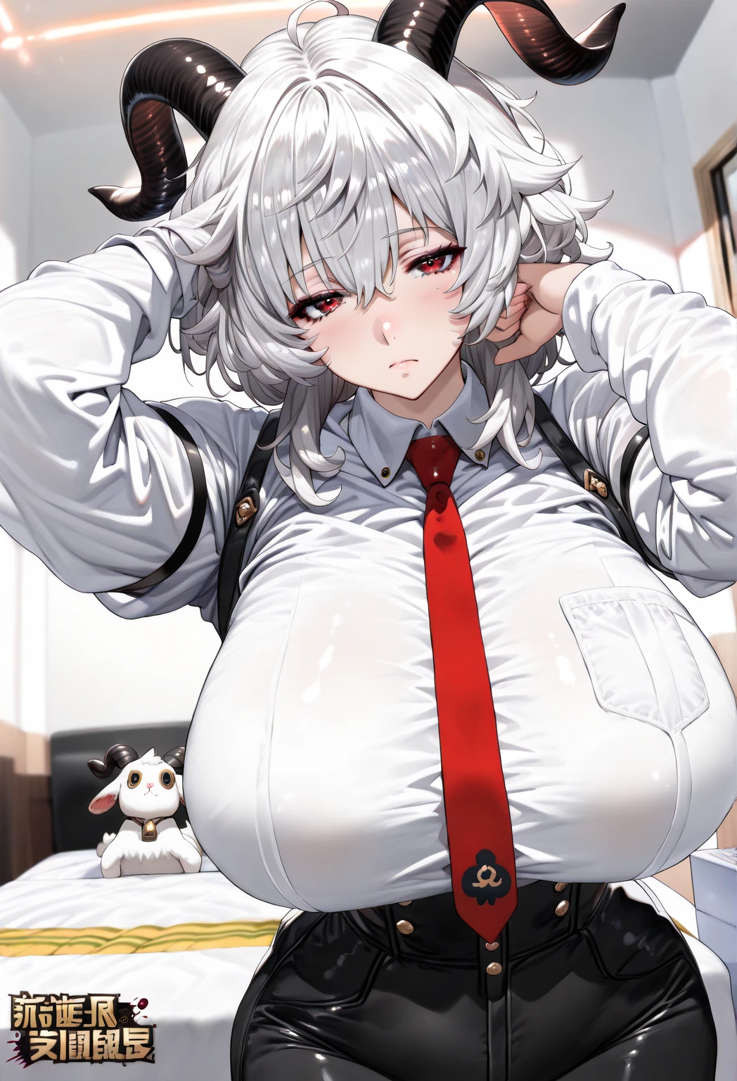 score_9, score_8_superior, score_7_superior, sauce_anime, evaluation_Safety, hakase fuyuki, One girl, Virtual YouTuber, Red eyes, Gray Hair, Long hair short hair, Low twin tails, Side Lock, Hair Clip, Neck ribbon, Red ribbon, Black sweater, Collared shirt, Open jacket, White jacket, flower, Tea belt, Long sleeve, Sleeves are longer than the wrist, White gloves, Pleated skirt, Black Skirt, Black Pantyhose, Lying in bed,Dutch Angle, Particles of light, light, Research Room, window, window shade,masterpiece, Highest quality, High resolution,Titty fuck,Hakase Fuyuki,Virtual YouTuber,vtuber,nsfw,bare breasts,penis,paizuri,breast squeeze,Hakase Fuyuyuki,1boy,男がsuperiorに乗っている,Horse riding,From the head,Sleep,lies down on bed,male on top,from head side,lies down on bed,Horse ridingTitty fuck,gigantic breasts,Huge breasts,A woman is sleeping on her back,A woman is sleeping in bed,Are crying,Angry