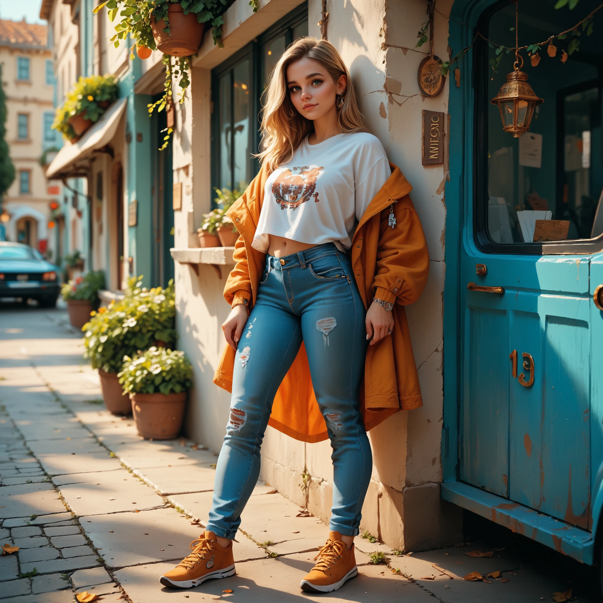 A cute 20 year old French woman with a cute little nose that looks great in jeans, key visual,,very detailed、full body、