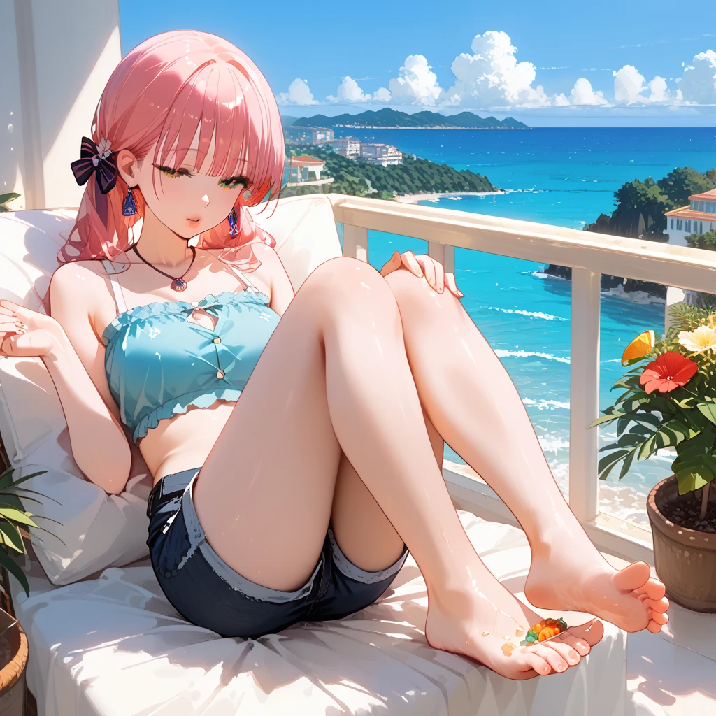 diy7,A young woman lounging poolside on a deck chair in a bikini with high heels, bathed in the warm glow of the setting sun, looking relaxed and comfortable, surrounded by palm trees, swimming pool in the background, a cocktail umbrella on her lap, sandy beach stretching out in the distance, sky painted with hues of orange and pink, dolphin swimming in the distance, tranquil atmosphere, beautiful and serene environment, resort vacation, masterpiece, high quality, photorealistic, cozy atmosphere, detailed character, detailed environment.