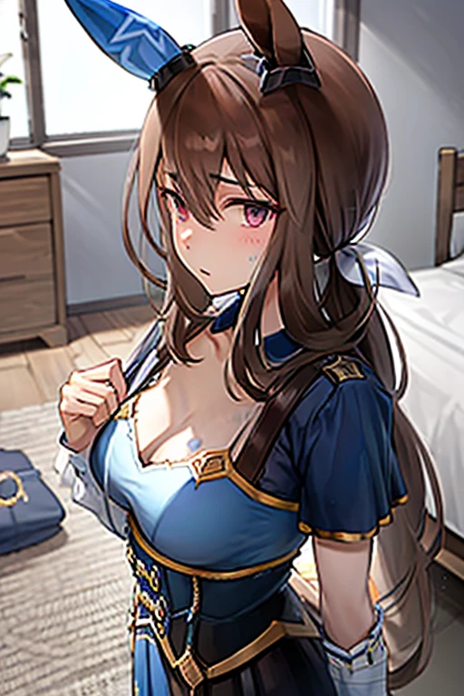 (hight resolution:1.6),Tōkai Teiō(Uma Musume),Game Uniform,dark brown hair,length hair,(poneyTail:1.7),Tie your hair with a pink ribbon,(1 White bangs:1.5),Dark brown horse ears,Dark brown horse tail,small earrings with a blue ribbon on a golden plate,,,(Right ear only),(Pink Ascot:1.2),Blue collar,Yellow line,White clothes(long-sleeve),Clothes are partially dark blue,Gold Button,Gold decoration,Blue glove on left hand(Piece side),White glove on right hand(Piece side),Lieutenant Epoe on the right shoulder only,Little red cloak,(White and blue skirt:1.5),(Blue only under the skirt:1.6),The shadows are drawn in anime style,A smile,Do not put your shoulders out,(Colossal tits:1.5),(Big thighs:1.5),(sleeps in a bed:1.8),(sleep:1.8),closing eye,laying on back,(Spread legs:1.8),(red blush:1.4),(ssex:1.8),pene