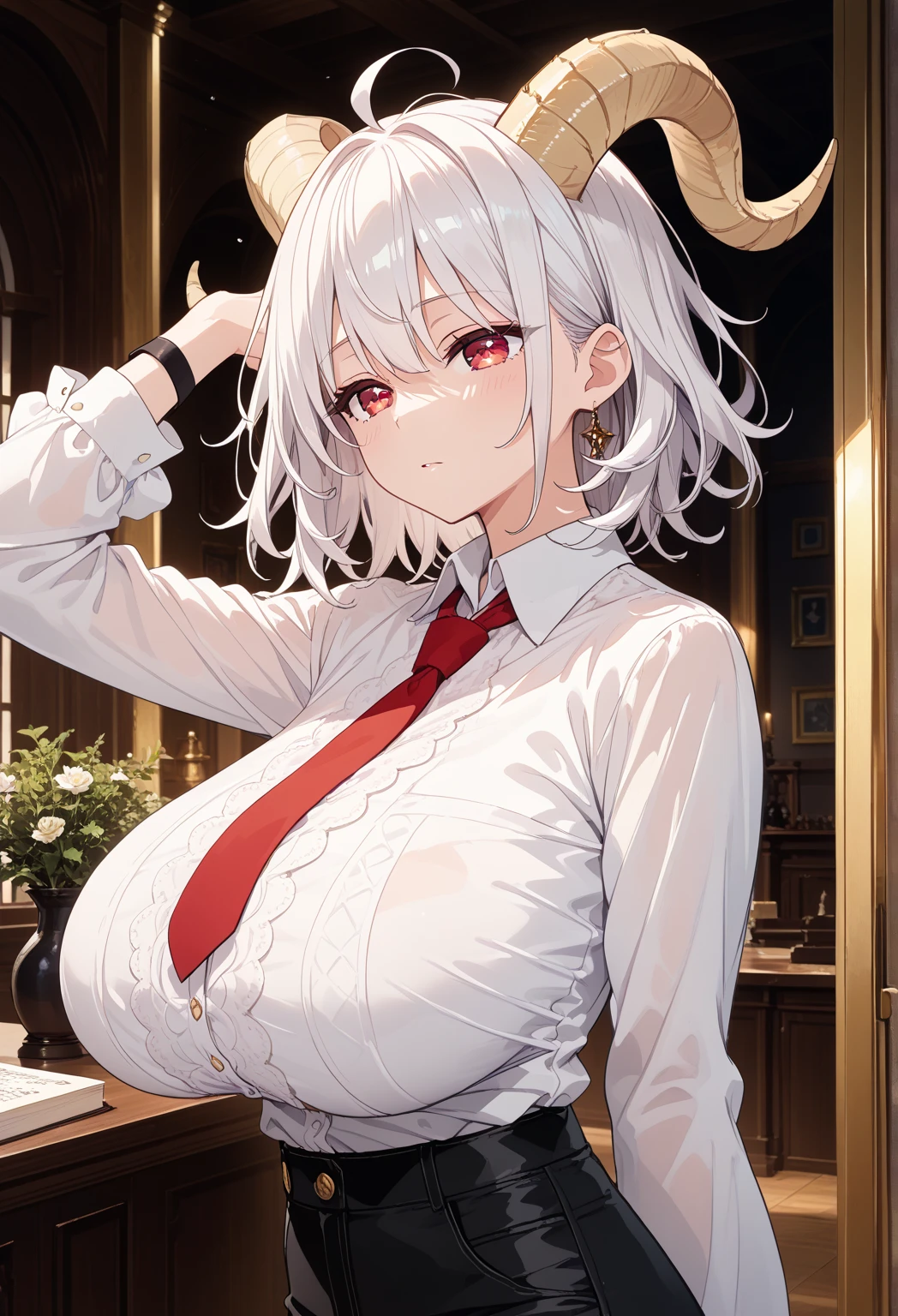 (big breasts:1.5),looking at the viewer,((masterpiece)),((highest quality)),perfect anatomy,8K UHD,highly detailed face,luster and luster,((1 girl)),((alone)),(beautiful and fine eyes:1.5),perfect image,(Upper body:1.1),(look ahead:1.1),Arms behind,slim waist,shiny hair,Are standing,super detailed,disorganized,silver hair,yellow eyes,bangs,white clothes,tie,skirt,indoor hall,medium hair,
