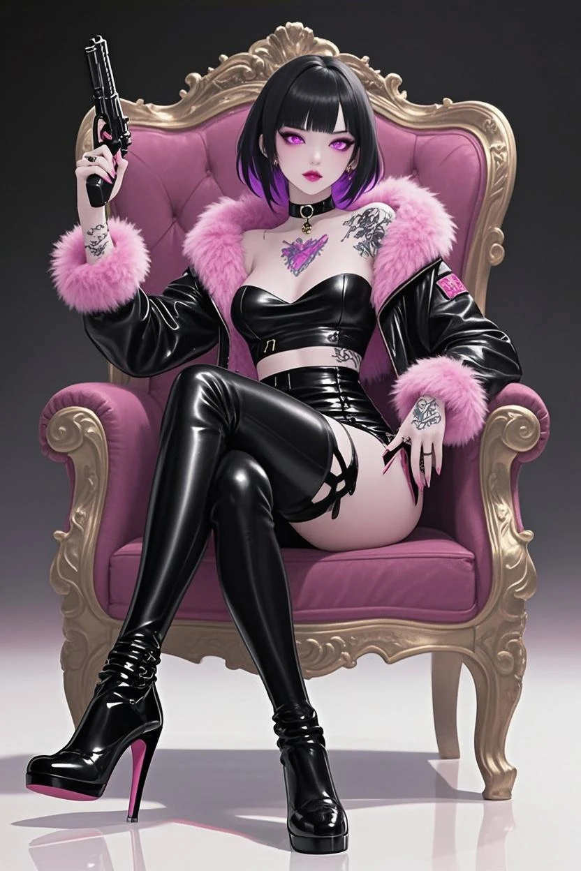 Best quality, highly detailed, ultra detailed, 1 brown skin boy, flat chest, male chest, slim curvy body, long pink dreadlocks, pink eyes, vampire, pointy ears, sharp nails, black lipgloss, goth, black body suit, big black pants over black body suit, big butt, living room, whiteboi on leash sitting next to him on couch