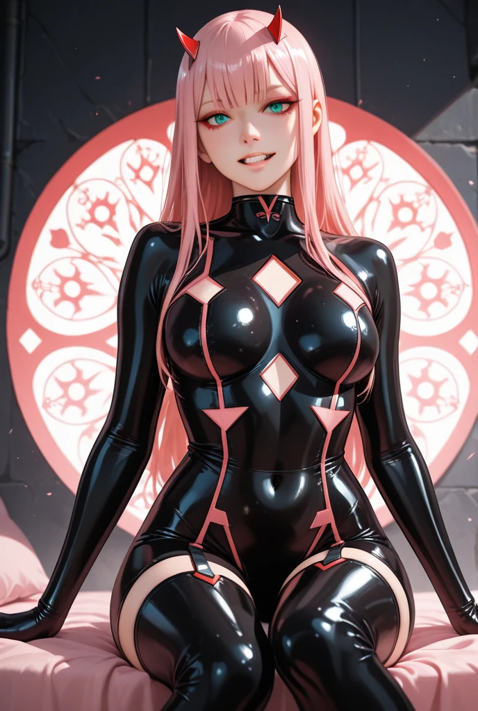 Cosplay de ninja,lace accents,feminine,Caucasian skin,blushed face,light pink long hair,blue colored eyes.