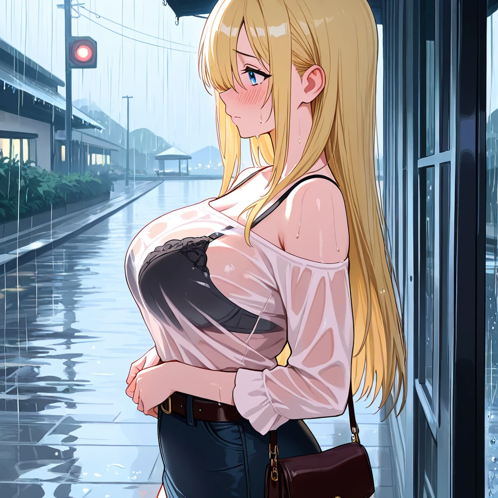 Blonde, wet see-through white shirt, can see , large breasts, red shorts, in rain, on street