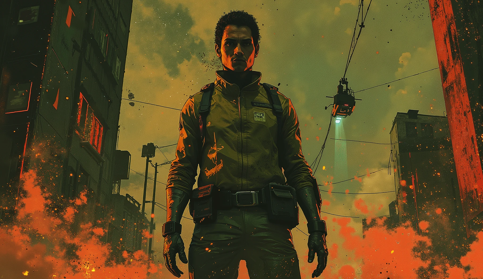 candid full-body shot of a man in high-tech armor standing in a sci-fi environment,8K,high resolution,detailed,photorealistic,physically-based rendering,studio lighting,man,heroic pose,stoic expression,tactical gear,metallic armor,sleek helmet,glowing energy cells,advanced weapon,futuristic city skyline,neon lights,hover cars,cloudy atmosphere,dramatic lighting,cinematic composition