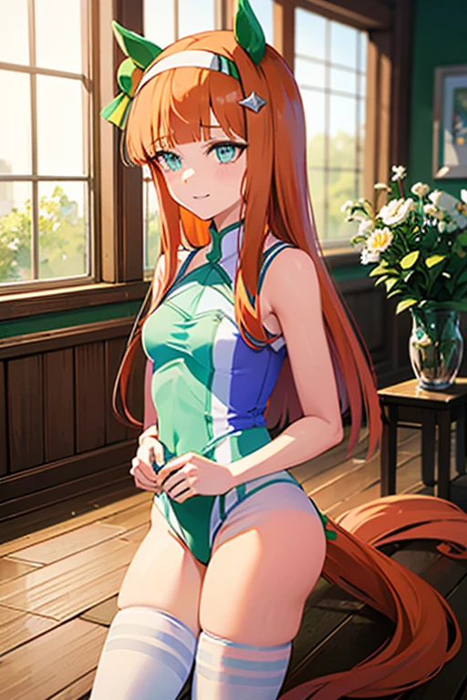 Silence Suzuka、blush,smile、Horse Girl、twintails,Green costume、In uniform、Primary school students、The back is very small、Lolita、Small breasts、Please show me your armpits、exterior: 12 years old、Shoulder Bare、The clavicle is visible、Sexy thighs、Beautiful legs、Usual hairstyle、highest quality, High resolution, unity 8k wallpaper, (shape:0.8), (Beautiful and beautiful eyes:1.6), Highly detailed face, Perfect lighting, Highly detailed CG, (Perfect hands, Perfect ???????),(((woman on top,vaginal,sex)))