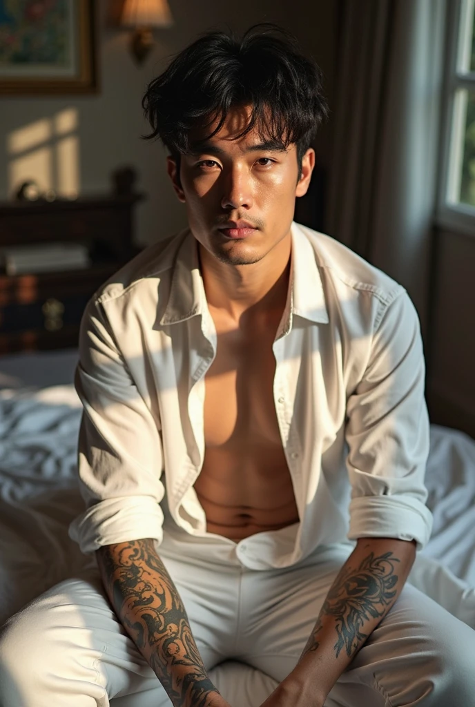 masterpiece, Best Quality, muscular 25 year old japanese male mafia gangster, oriental tattoos, soft stylish hair, exposed chest, big bulge, bubble butt, super sharp focus, photorealistic, perfect hands, perfect fingers, perfect face, everything perfect, hongkong in the 70s setting, seductive on the bed, cinematic lighting, sexy pose, gay, homosexual, homoerotic, scene evokes sensuality and nostalgia, nostalgic, boudoir photography, intricate details, highly detailed, rule of thirds, golden ratio, fill frame, award-winning shot