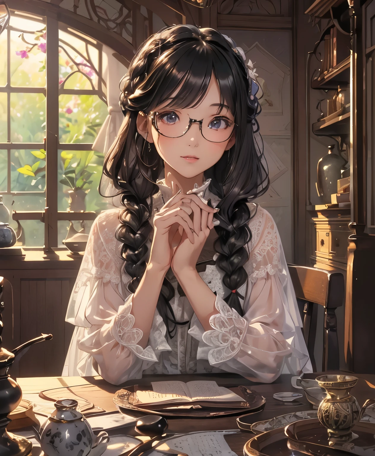 Highest Quality、masterpiece、high sensitivity、high resolution、detailed explanation、Slender Women、15age、 Style art, beautiful and aesthetic:1.2), (1 girl on break day:1.3), Very detailed,(fractal art:1.1),(colorful:1.1)(flower:1.3),most detailed,( zentangle :1.2), (dynamic pose),delicately drawn face, girl with a beautiful face ,beautifully detailed eyes,delicate lace black gothic fashion,(white delicate lace sleeves))、A strand of hair、wrinkles on clothes,(beautiful, smooth dark hair:1.2),braids,glasses,Hair that shines in the light ,Clothes that shine in the light,stole,bright sunlight shining through the window、Many books、lots of medicinal herbs ,Wooden furniture、light and shadow,1Two table clocks,