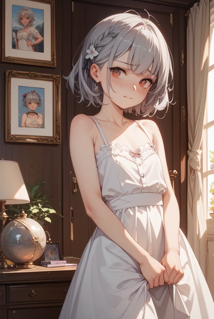 elaina,elaina\(nightgown\), (masterpiece:1.6, best quality), shiny hair, short hair, shiny,looking at viewer , happy,indoors,depth of field,