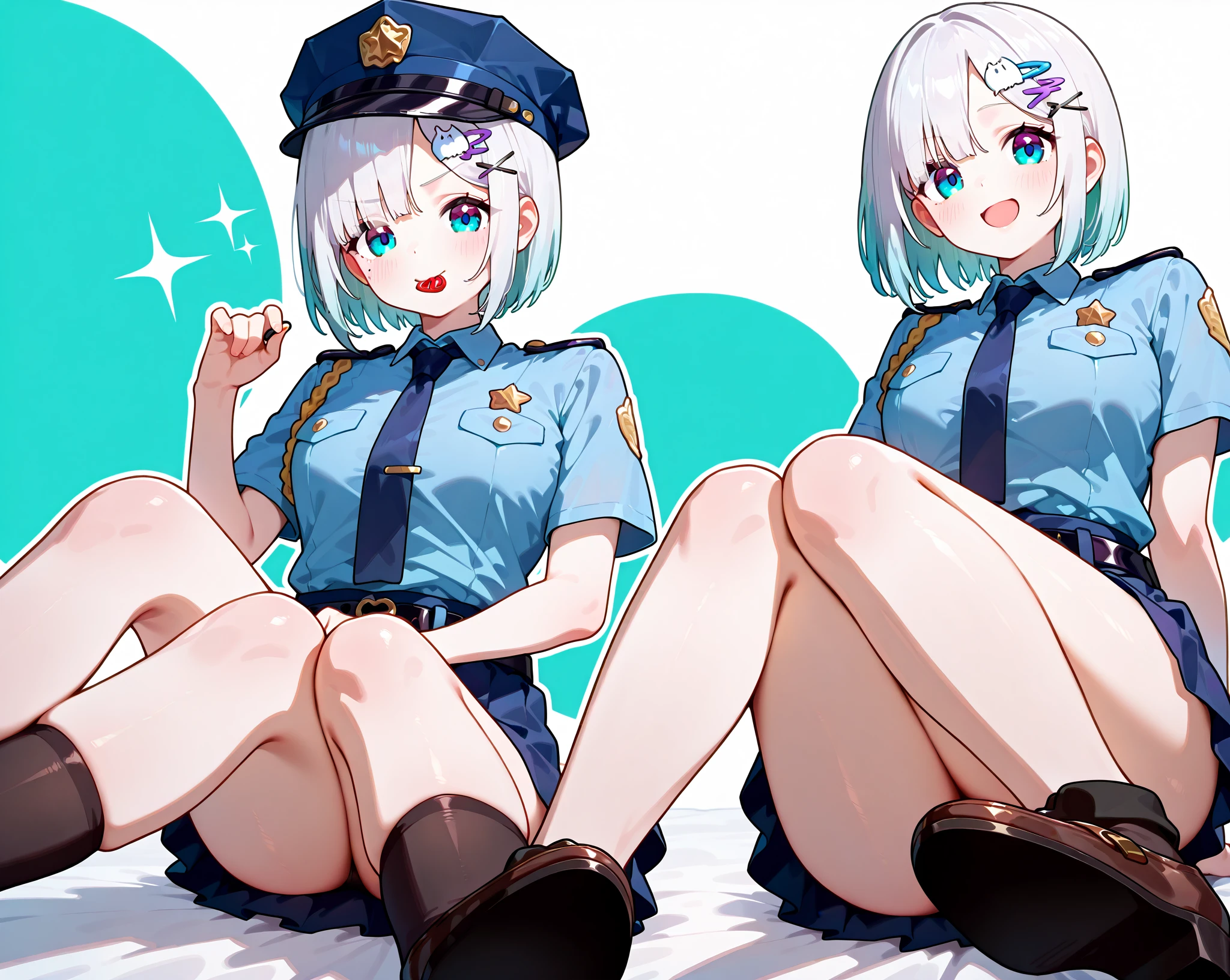 Shining Eyes, (View your viewers,Open your mouth and smile:1.1), ((One Girl)), (Mature Woman:1.4), (blush), alone, Pink Bob Hair, (Open legs), (Spread your legs), (Thighs Thighs Thighs Thighs), (Police uniform), smile, In a hotel bed, Tabletop, highest quality, Very detailed, Sparkling, Shining Light, Ray Tracing, hard diskR, Depth of written boundary, (Perfect Face, Detailed face, Fine grain,Perfect hands,Perfect Fingers), 8k,hard disk,Ultra-realistic faces,Ray Tracing,Perfect lighting,highest quality, Very detailed