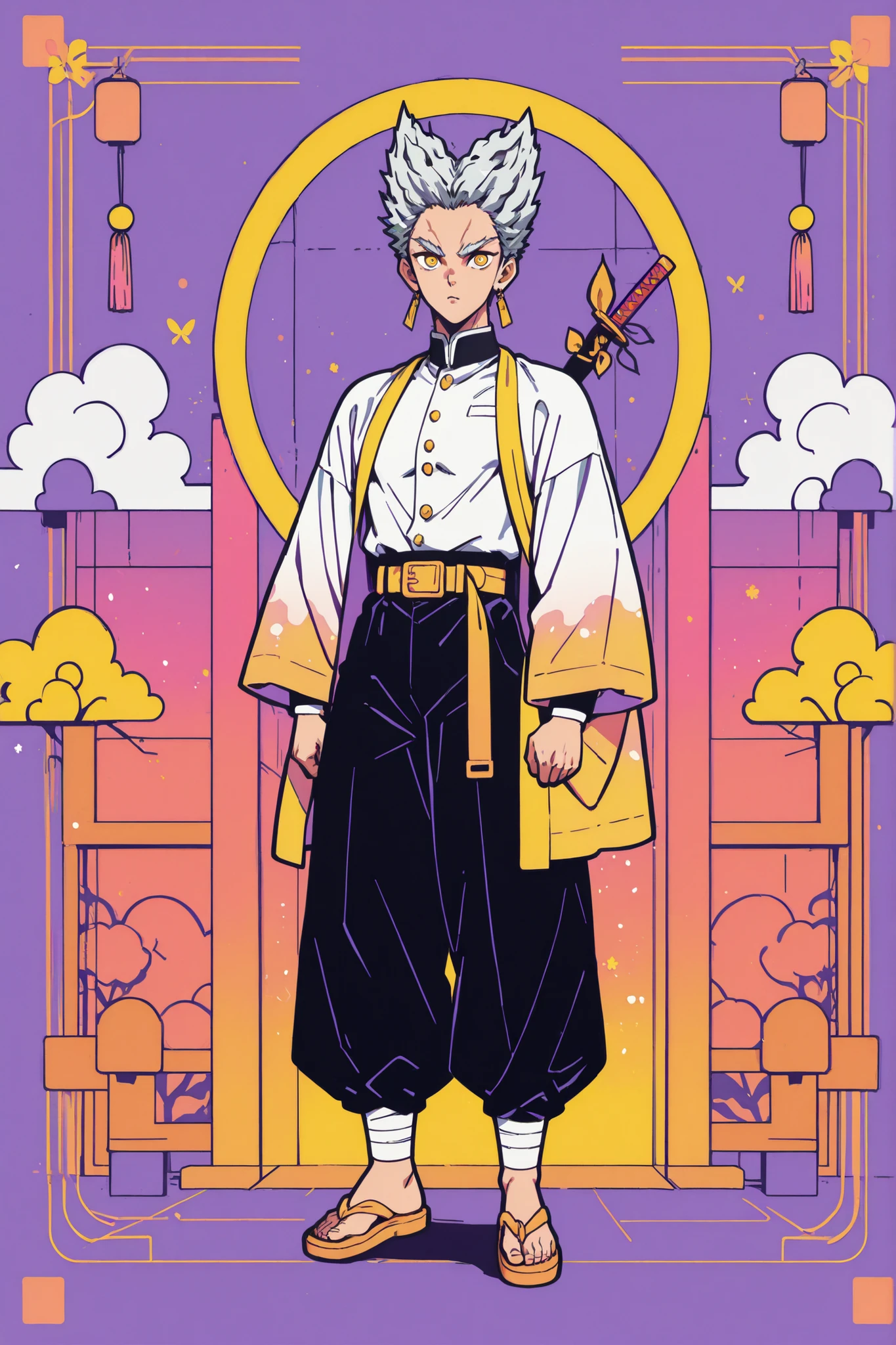 colorful back background with silver hair and yellow eyes, gay, One Punch Man[garou], Full body illustration, Referring to the Demon Slayer illustration