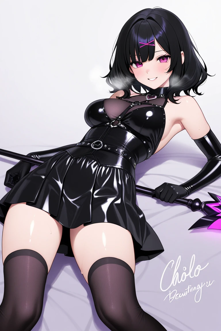 girl, (((white skin, bright white skin, pure white skin))), pitch black hair, messy black hair, bushy black hair, crazy black hair, long hair, medium , ultra cute face, random colour elements on skin, beautiful lights and shadows, ambient light, ultra detailed skin, volumetric light, looking at viewer, (hot pink neon eyes, hot pink neon scleras, glowing hot pink scleras, demon eyes), thick black eyelashes, long eyelashes, thick black eye liner, black eyeshadow, black eyelids, black makeup, long black succubus tail, standing up, walking, fashion show stage, pole dancing, top teeth exposed, fangs, hot breathe, steamy, steam, ((black thigh high lace up boots, black fingerless elbow gloves, black collar)), young girl, squinted eyes, seductive gaze, seductive grin, pussy ed, juicy pussy, full view, belly exposed, breasts exposed