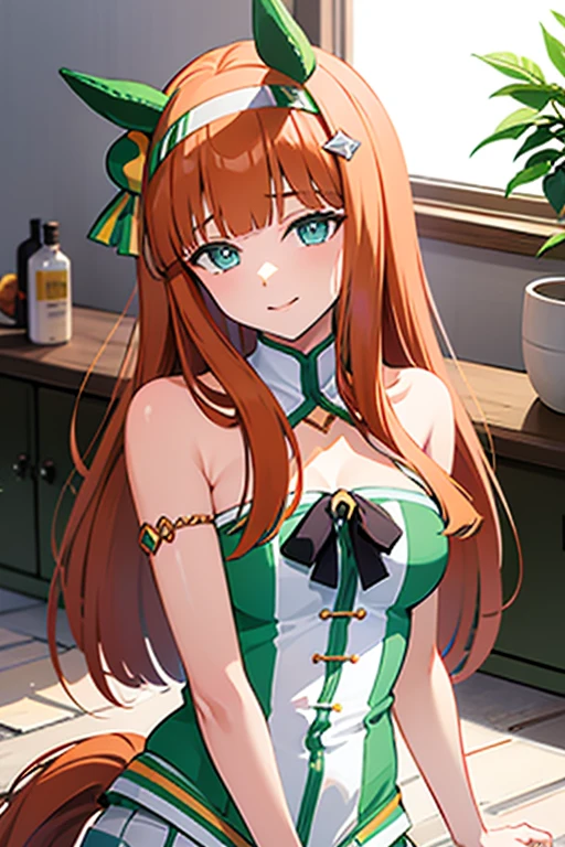 Silence Suzuka、blush,smile、Horse Girl、Green costume、In uniform、Primary school students、The back is very small、Lolita、Small breasts、Please show me your armpits、exterior: 12 years old、Shoulder Bare、The clavicle is visible、Sexy thighs、Beautiful legs、Usual hairstyle、highest quality, High resolution, unity 8k wallpaper, (shape:0.8), (Beautiful and beautiful eyes:1.6), Highly detailed face, Perfect lighting, Highly detailed CG, (Perfect hands, Perfect Anatomy),(((vaginal,sex)))