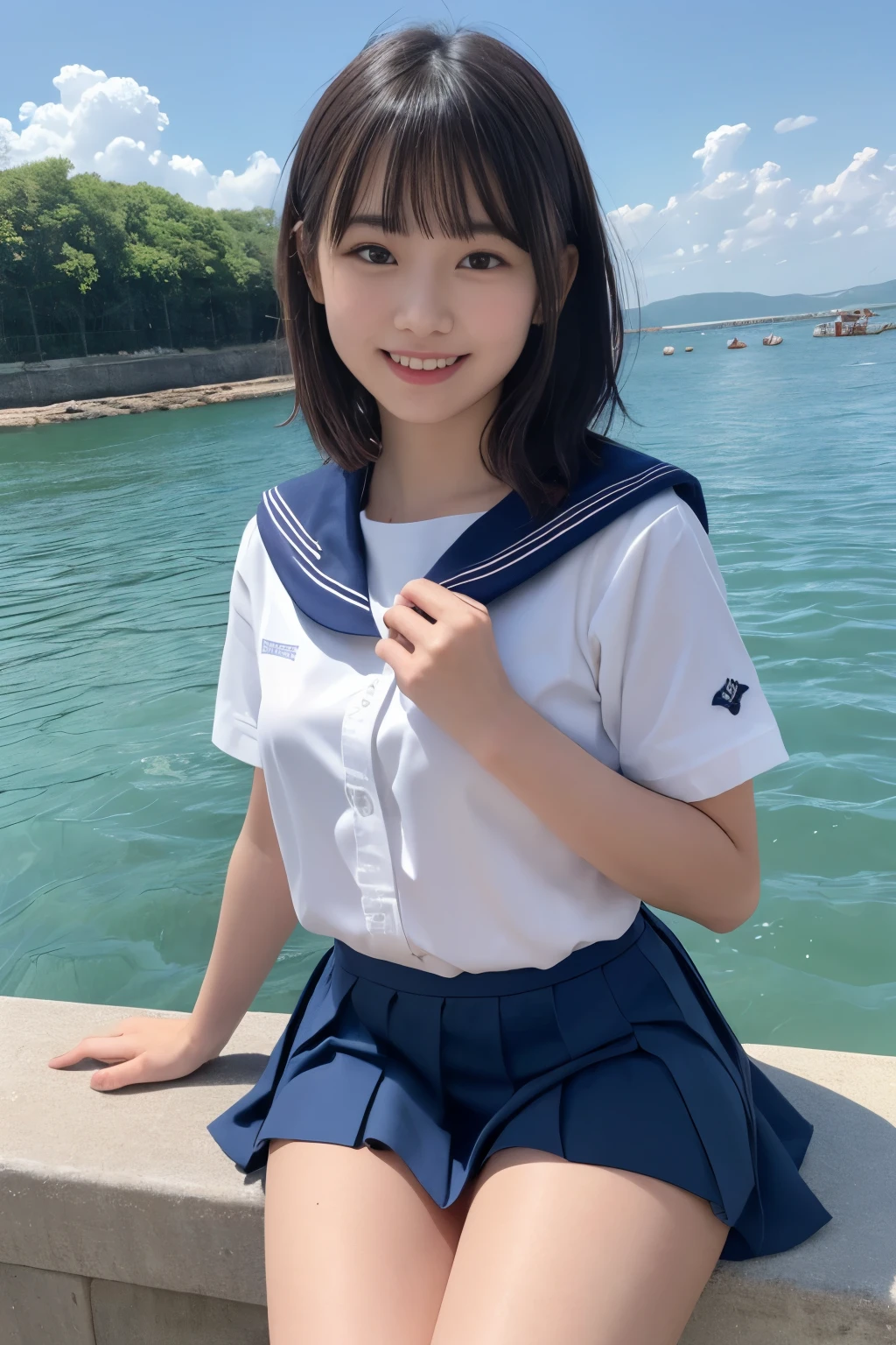 (masterpiece, 8k, best quality:1.2), in the river, outdoor, 1girl, 20 yo school girl, smile, looking at viewer, sailor uniform, wet clothes, soaked, wet hair, wet skin, translucent, glistening with oil, drenched, bright sunshine, soaked heavy clothes, playful, black hair, short bob