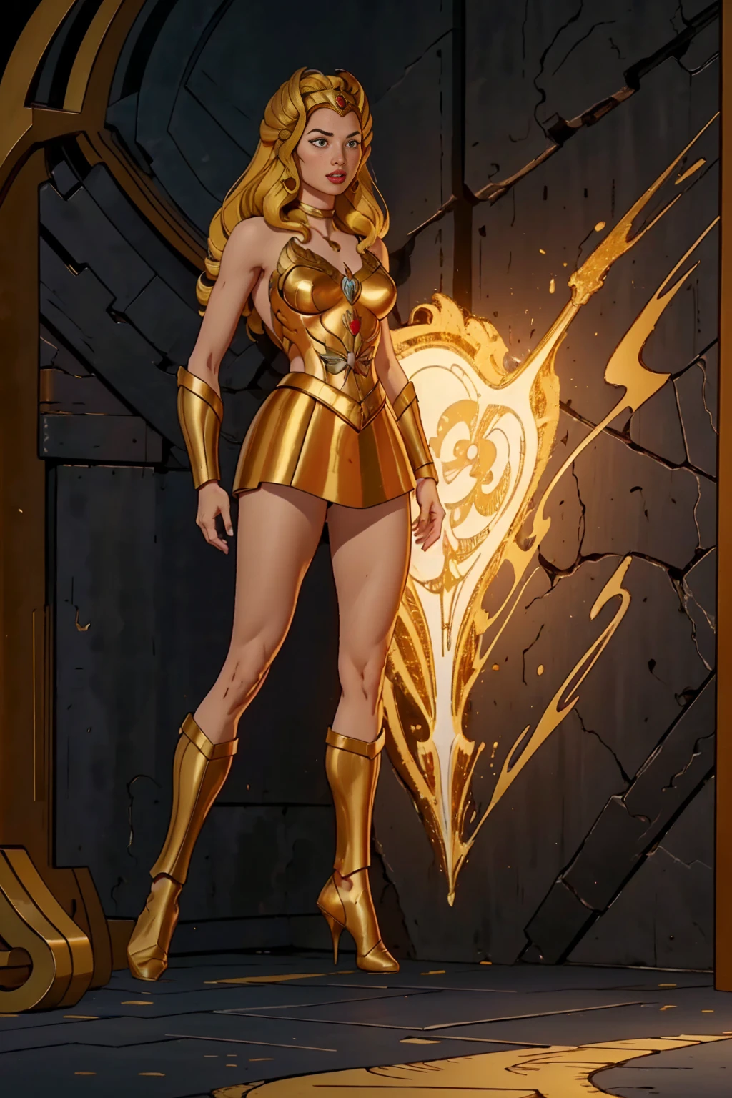 Saint Seiya、1girl in、huge-breasted、cleavage of the breast、beauty legs、Metallic Red Combat Armor of the Future、Shining silver chains are connected from all sides、((Scream))、((exclamation))、((fighting poses))、8k, top-quality, （pubic hair beauty）、hight resolution, 逼真, realperson,