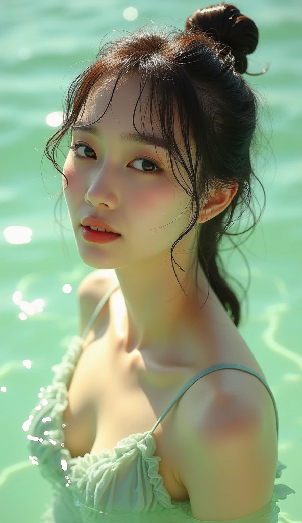 ultra high res.photo realistic: 1.4, UDH, close up portrait of a sexy woman face on (gldot) bathing in a river, reeds, (backlighting), realistic, masterpiece, highest quality, lens flare, shade, bloom,