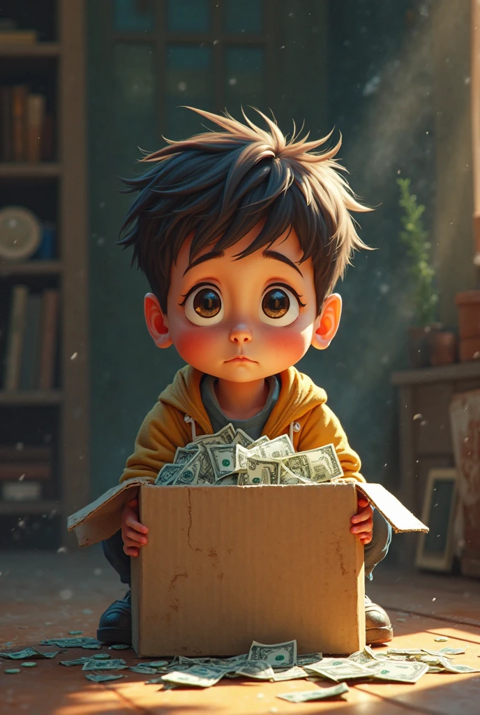 create a digital book cover with a boy counting money sitting at a table and the word investments at the top of the image.
