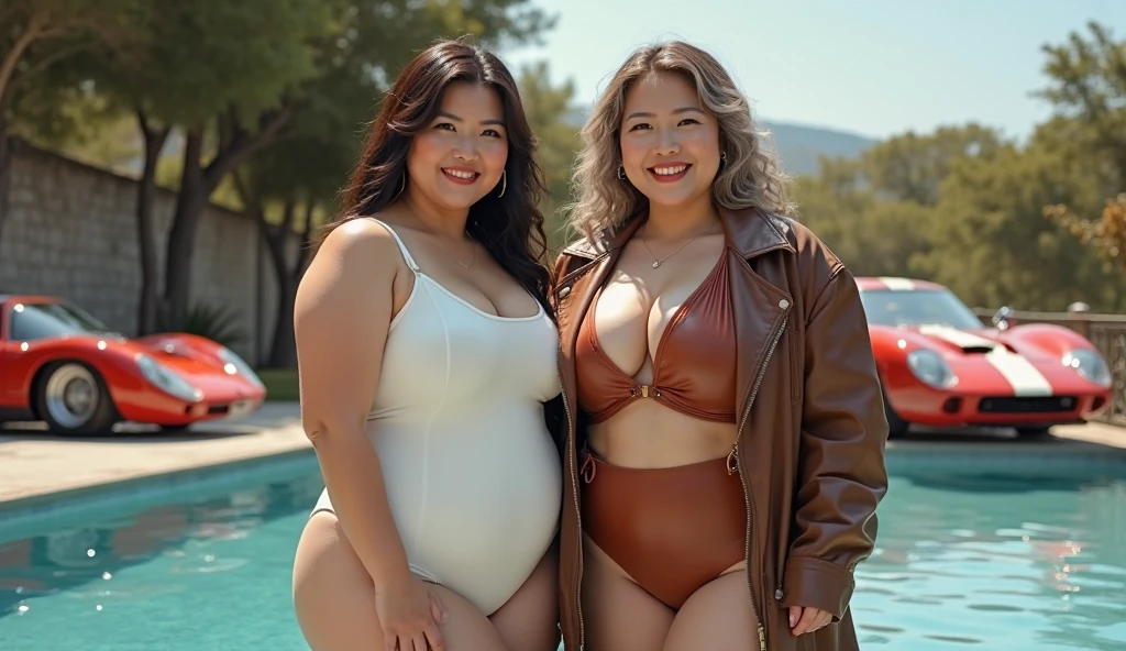 female duo,Mother and daughter,A fat woman in her 40s and a skinny woman aged 12,smile,thick,a healthy woman,smile,(floral one piece swimsuit,(shiny)),strap,dynamite body, big breasts,straight long hair ,bangs , bold pose,standing pose,whole body,thigh , realistic, HD 8K, perfection, best image quality,flower garden,bracelet,rosary,necklace
