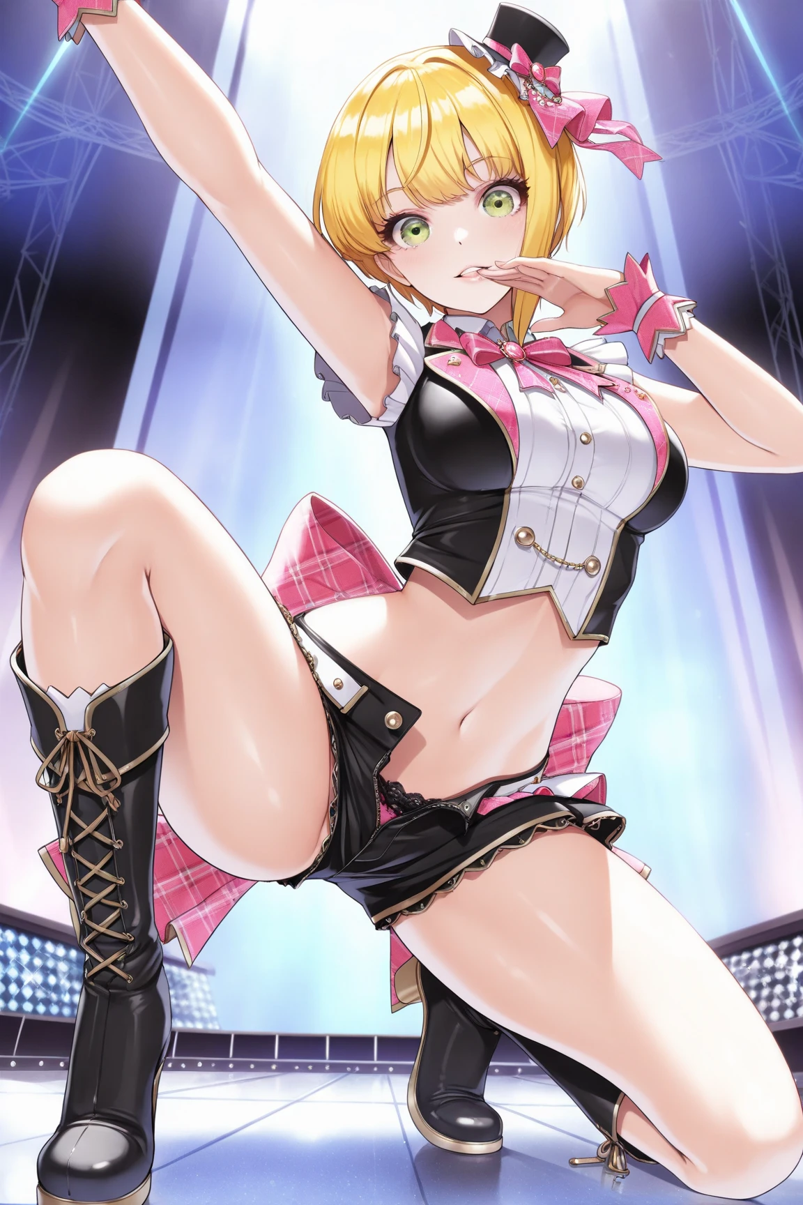 (Perfect body),Best Quality,16 K,(Lori)、((blush)),(Short hair), (((Orange Eyes))),thick thight,((((Pink hair)))),Standing,Sweat,flabbergasted,(((small tits))),Big ass,cowboys_shots,((((Wavy Hair)))),Ahoge,hair clips,(((Yellow sleeveless_frilld_jaket))),(((Pink ruffled mini skirt))),(((Light blue striped panties))),(white knee-socks),(whitegloves),(((((Panchira))))),Big ass,flat chest、(thick thighs)、blush、is standing,((( short in stature))),((Smile)),((((headset on head))),((Nekomimi))、(((Left arm up))),(((((Wink))))),((Singing)),((((Dynamic Pose)))),(((((Idol))))),(((((1girl in))))),(((pink bowtie)))、((Armpit))、((Jumping)),From below,Spread legs,((from behind))、posterior view