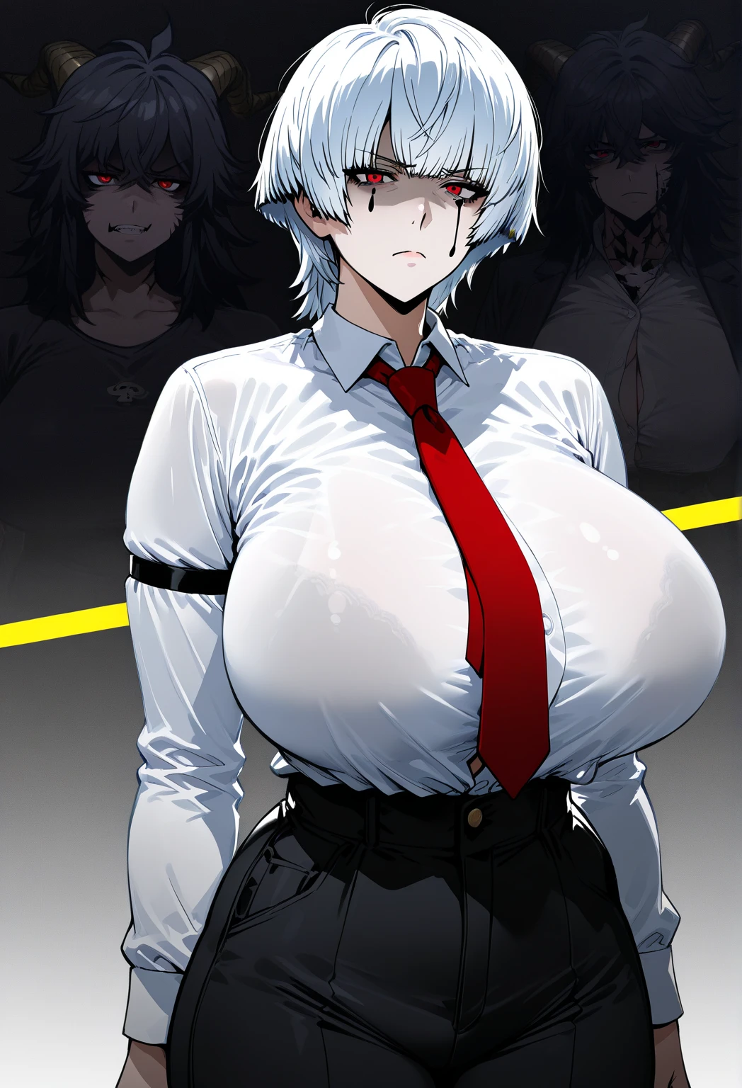 A tomboy with pale skin, short white hair, red eyes, big tits, slim waist, wide hips, big strong muscles, six pack, angry face. No background