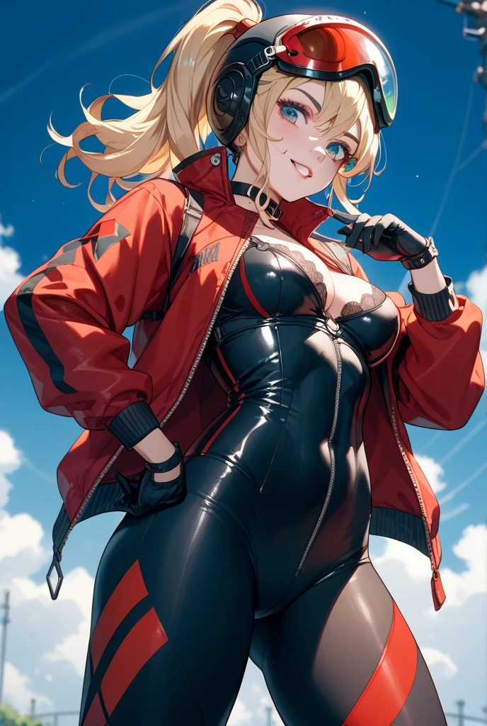 woman、Early 20s、Wicked Smile、Blonde、Long Hair、Green Eyes、Frameless sunglasses with red lenses、Face close-up、sexy、sexyなポーズ、Black tube top、Bright red long coat、R-18、City of night