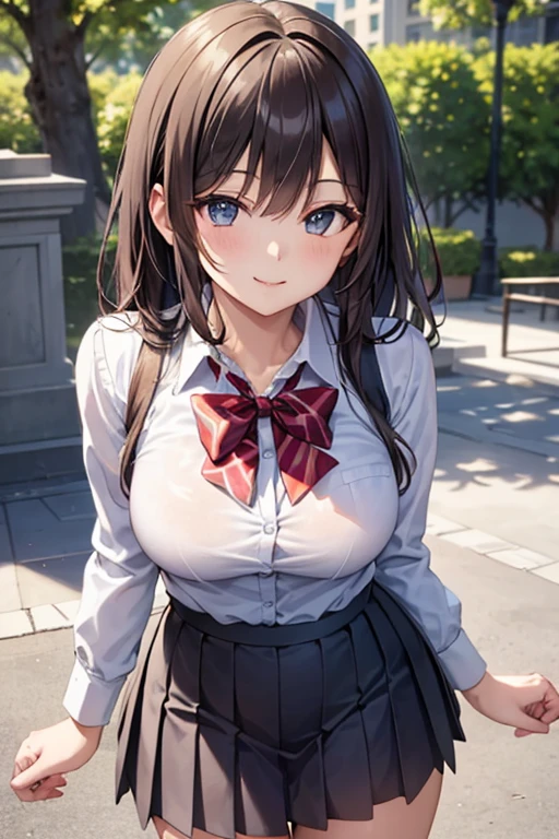 ((masterpiece, highest quality, High resolution, 超High resolution, Perfect Pixel, Written boundary depth, 4K, RTTX 10.0, High resolution))), 1 girl, single, alone, Beautiful Anime Girls, Beautiful art style, Anime characters, ((Long Hair, bangs, Dark brown hair, Curly Hair:0.4, Simple hairpin)), ((Green Eyes:1.4, Round eyes, Beautiful eyelashes, Realistic eyes)), ((Detailed face, blush:1.2)), ((Smooth texture:0.75, Realistic texture:0.65, Realistic:1.1, Anime CG Style)), Medium chest, ((Dynamic Angle, throw, close)), Perfect body, ((Red bow tie, , Stripped black jacket, Open jacket removed, Brown cardigan removed, Sheer white shirt, Rolled black skirt, Rolled up checkered skirt)), smile, amusement park, Place your hands behind your back, Leaning forward, cherry blossoms、Her chest is open and her boobs are completely visible、Nipples fully visible、A large amount of semen is dripping on the chest、A large amount of semen drips from her mouth onto her chest、A lot of semen dripping on my face、Covered in semen、Covered in semen、Crying face、blush、Tears flowing、Stripped uniform、Her chest is open and her are completely visible、Nipples fully visible、A large amount of semen is dripping on the chest、A large amount of semen drips from her mouth onto her chest、A lot of semen dripping on my face、Covered in semen、Covered in semen、Crying face、blush、Tears flowing、