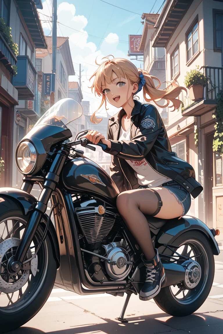 illustration, best quality, ultra detailed, detailed illustration, 1girl, sexy, short blonde hair, sunglasses, head scarf, medium breasts, black bikini top, short shorts, maroon leather jacket, standing straight, flirty smile, riding motorcycle, from behind