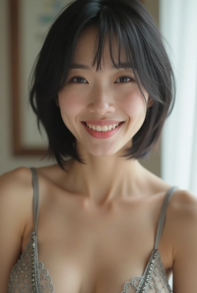 (8K、RAWE Photo、Highest quality、masterpiece:1.2)、(Real、Photorealistic:1.37)、Super detailed、Ultra-high resolution、1 girl、Beautiful detailed face、(Feather Cut: 0.6)、Professional Lighting、The lighting is bright、actress、model、Japanese、Full body、Wide-angle shot、Daytime、bright, simple background ,Simple Background、Model posing, full body , cowboy shot ,40-year-old woman、Mature Woman、Raise your left arm slightly、Big Breasts、smile、smile、