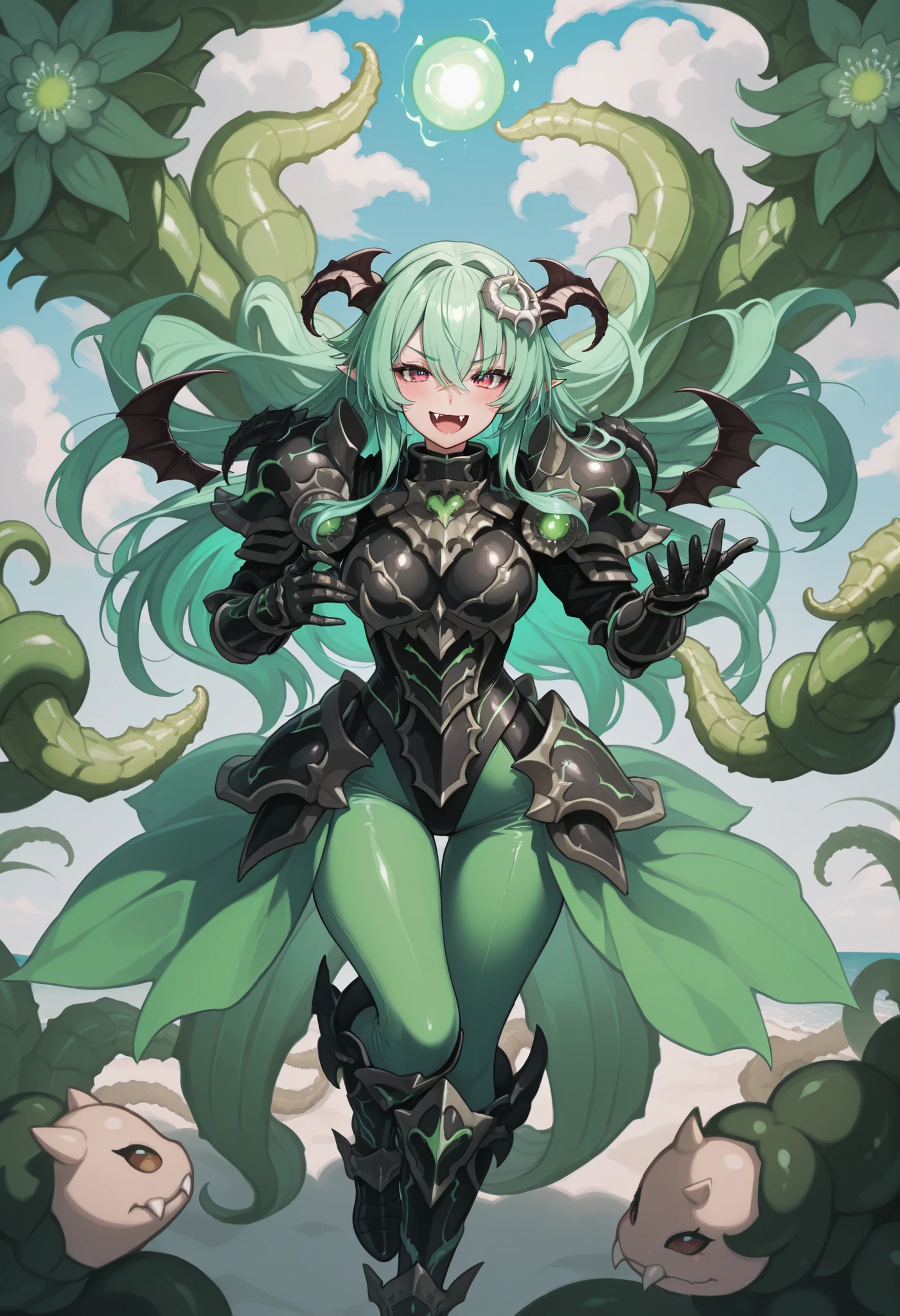 Armored succubus. Green hair. Long hair. Glowing orb hair accessory. Mantis design elements. Bone-like armor. Biological armor. Black armor. Weaponized arms. Sea anemone-shaped tentacles. Sandworms growing from her body. Multiple sandworms. Sandworm fangs.