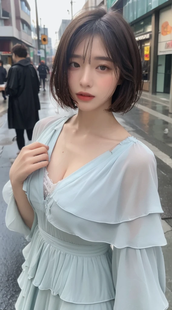 ((the highest quality、8K、A masterpie:1.3))、focus:1.2、Perfect Body Beauty:1.4、ass:1.2、((Layered haircut、s chest:1.2))、(wet clothing:1.1)、(wet rainy、street:1.3)、Bando Dress:1.1、highly detailed facial and skin textures、delicated eyes、Double eyelidd、Whitened skin、hair long、topless,