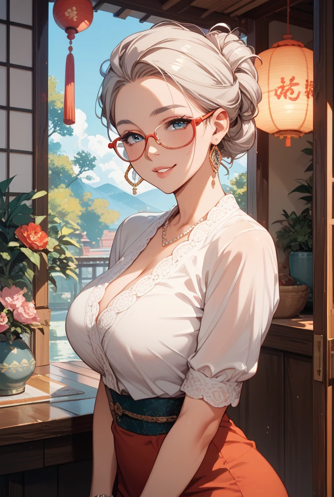 Busty  breasts, highres, masterpiece, perfect lighting, bloom, cinematic lighting, perfect skin, female,  (looking at viewer:1.5),solo, perfect illumination, distinct, (1girl:1.4), perfect face, detailed face,  perfect body, beautiful eyes, pretty face, soft light, (blue eyes:0.7),
bare shoulders, black skirt, upper body, 
 slim,
red glasses, hair ornament,  sleeveless shirt, black skirt, red leggings,
purah, cleavage,