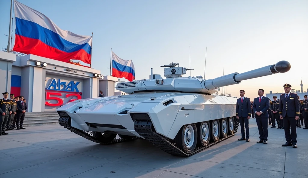 Futuristic white laser tank rides near the Kremlin,the night,blue glow