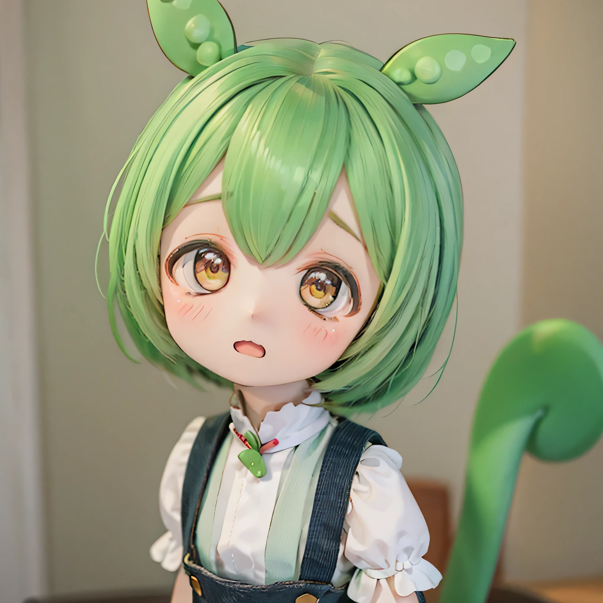 cute green-haired zundamon in playful pose, ( chibi), detailed character design , complicated details , surreal , Photorealistic , 8k, masterpiece , is high resolution, bright color, soft lighting , natural light, 、 warm palette , wonderful , Fantasy , cute , cuteデザイン , , Heartwarming、Edamame、 green overalls、white blouse、Around town