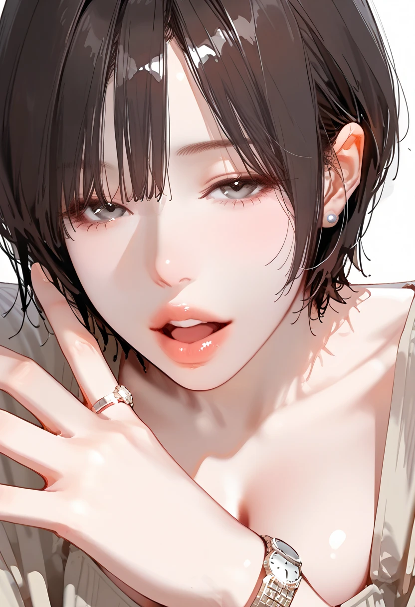 8k, 32K, score_9, score_8_up, score_7_up, score_6_up, score_5_up, score_4_up,masterpiece, best quality, hyper realistic,
beautiful Japanese women,Anime girl, anime illustration style, plain white background,(line art), 1 girl , solo,
dark grey eyes, (pixie cut), dark brown hair, saggy breasts, pale skin, parted bangs, (half closed eyes), (thick lips:1.2), (tareme), wide mouth, shiny hair, slim body,
dark gray A line dress, collarless beige jacket,
small pearl stud earrings, simple silver wristwatch,
waving hand slightly, looking at viewer, close-up, bust shot,Double eyelids,