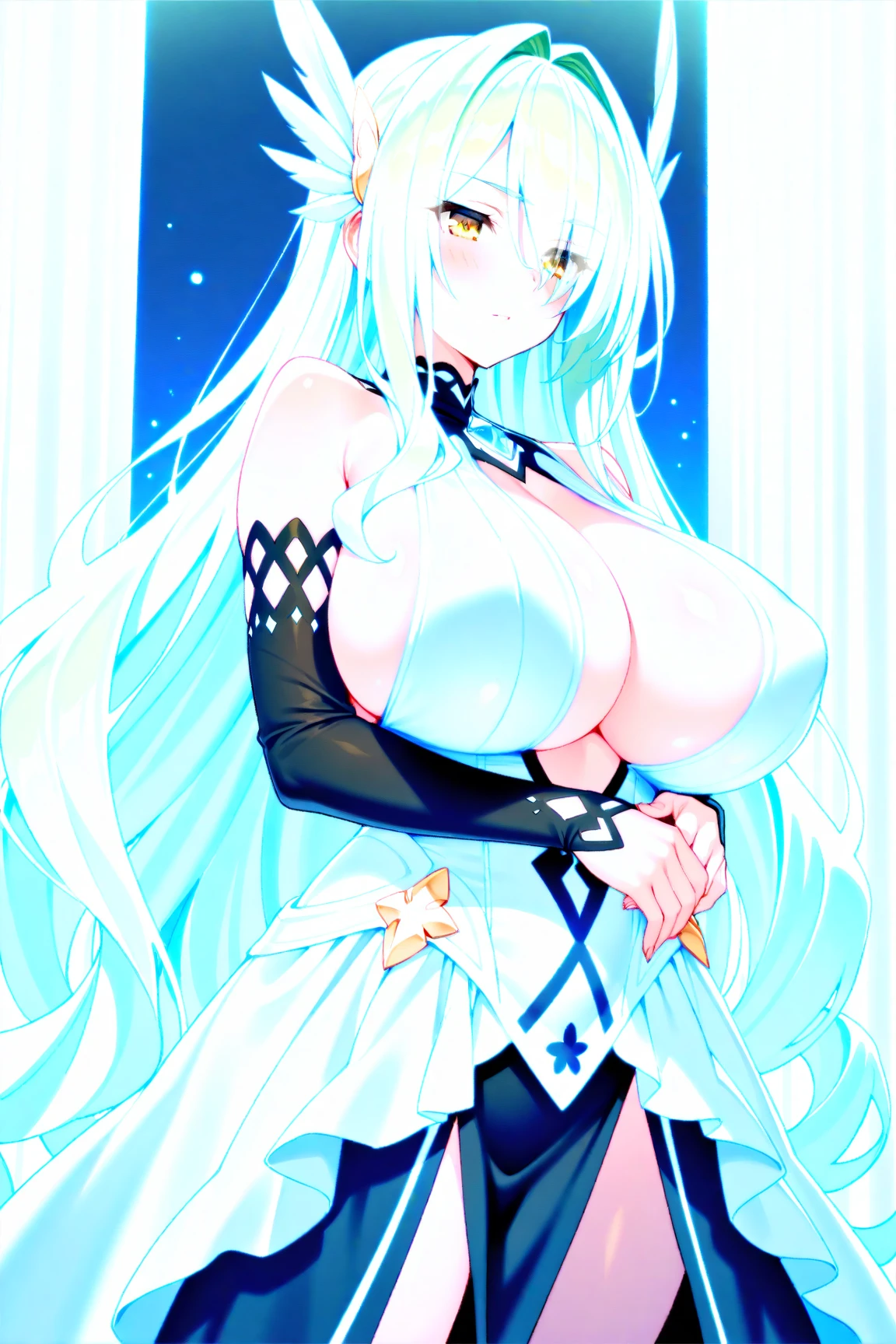 1girl, (((dark skin))), facing forward towards viewer, huge breasts, ((nipples)), ((bridal bodysuit clothing)), light facial blush, (pastel colors:1.5), (thighs to head in view), ((exposed breasts)), unblemished, ((chest facing towards viewer)), ((sweet nipples)), ((succulent nipples)), aroused nipples
