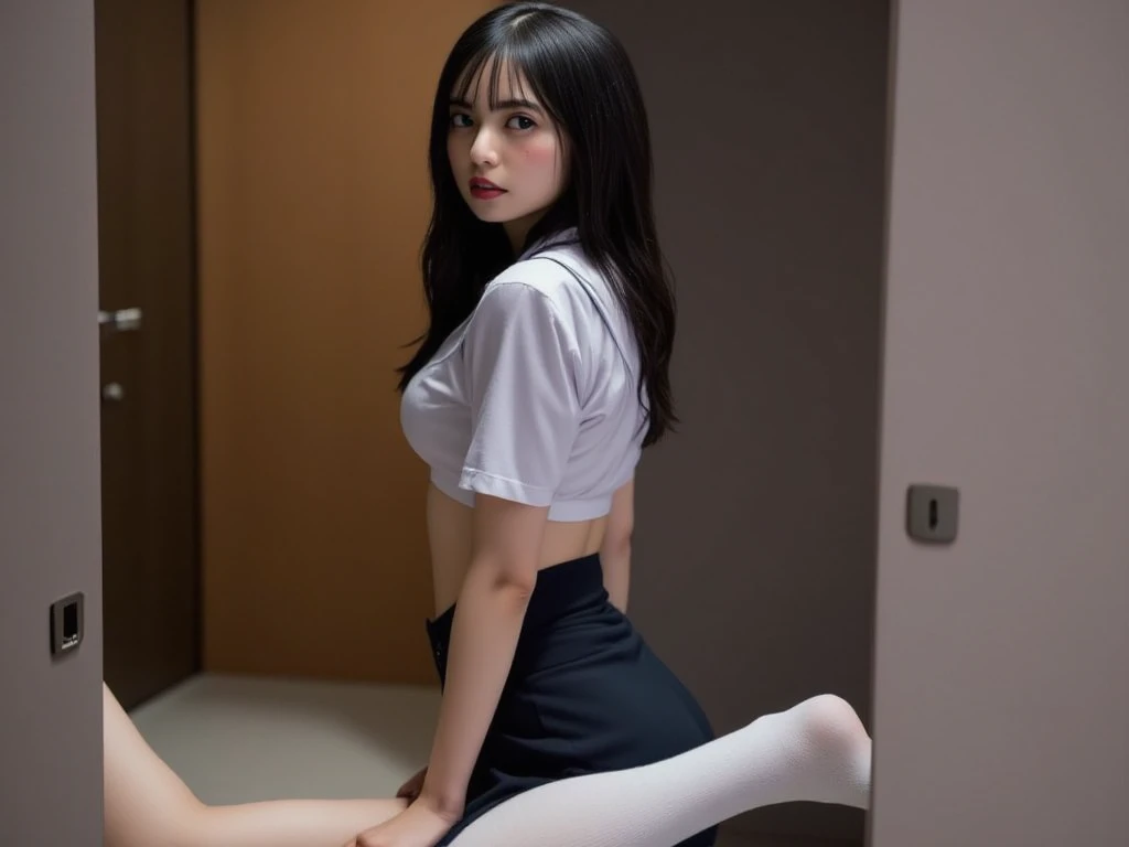 ((四つん這いand Lift her hips up))((Backwards))((showing panties)), ((Ass Focus/Hip Focus))(school uniform) 、(Japanese female student)(Realistic: 1.4),((( Pussy Line, cameltoe)))RAW Photos, highest quality, (Realisticistic),(see-through White panty),((Glasses)), (((Young Face))), (Written boundary depth), (panty shot)(Realistic), 4K、Beyond high quality、bangs、Long black hair、(indoor:1.5)Expressionless:1.4,Slim and beautiful body、Whole Body Ezbian:1.2.Beautiful Skin
