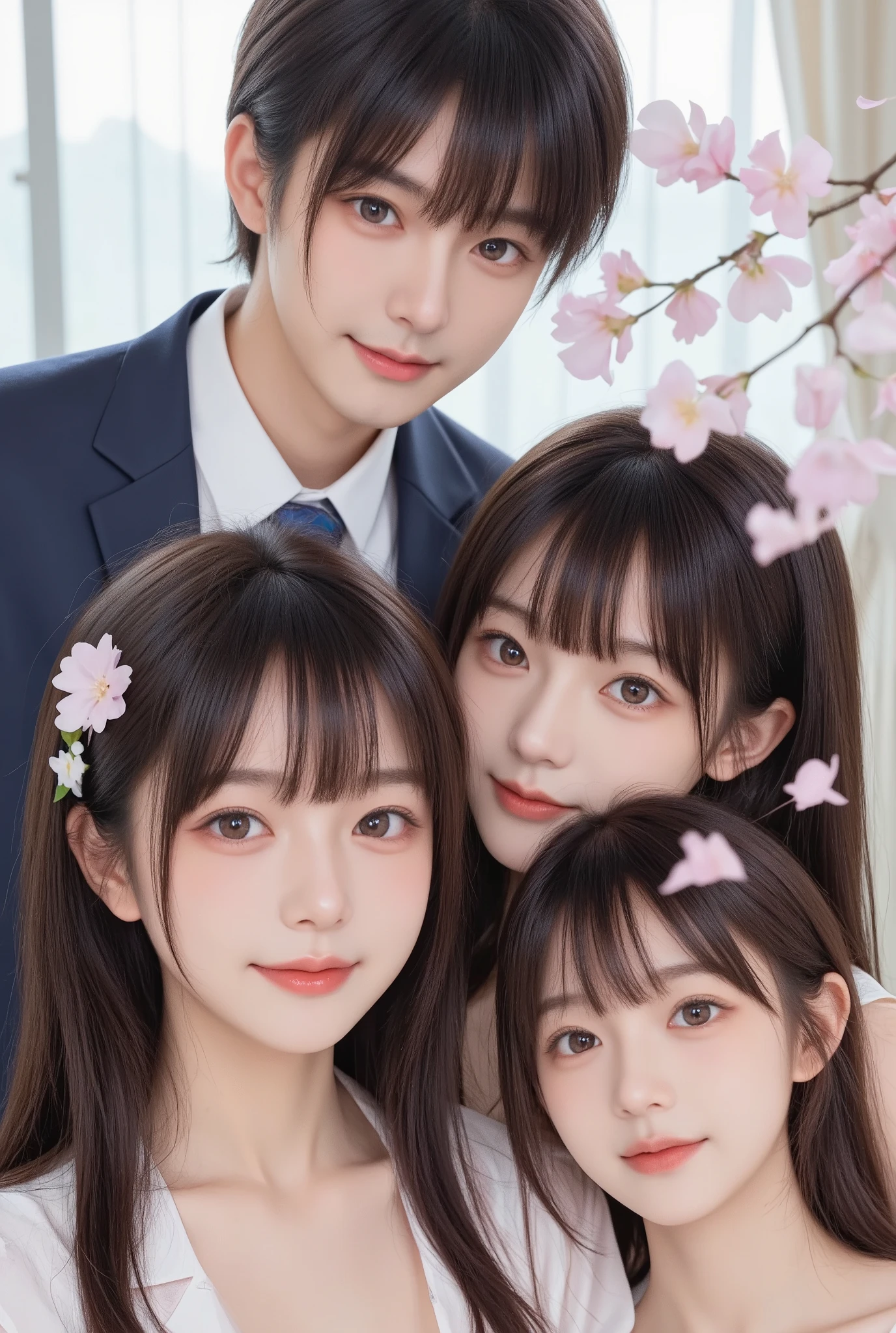 Modern. Suit man wear. Elegant couple, masculie man and 2 beautiful girl. Dark hair color. Very deatiled face. pretty eyes (perfect eyes). 8K resolution. Masterpiece. Romantic, love, glowing light. Look at the viewer. Petals. Pastel color.