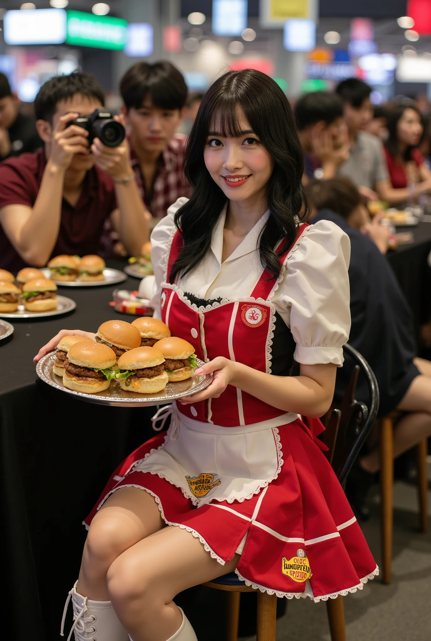 Create a portrait of a stunning Japanese female singer. She has a slender physique, medium-sized bust, and thin legs, with medium-length hair. Dress her in a waitress outfit reminiscent of a Western saloon, featuring a skirt with a small apron design and roller skates. Position her sitting at a Comic-Con convention venue, holding a tray with hamburgers, surrounded by a bustling crowd. Capture the scene with male photographers aiming their cameras at her, ensuring a full-body shot.