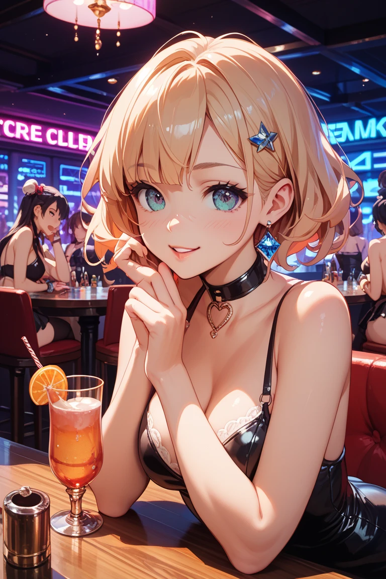A young sexy woman with short hair and blonde hair in sexy clothes sits in a spaceship seat、A beautiful starry sky can be seen from the window.。Bunny girl drink alcohol High leg cut