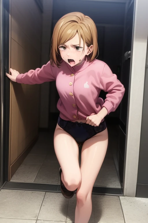 (masterpiece), (best quality), (ultra-detailed), (best illustration), (best shadow), (absurdres), nobarakugisakinova, short hair, orange hair, ((brown eyes)), kugisaki nobara, , 1girl, solo, jacket, bangs, gakuran, long sleeves, upper body, ((shirtlift)), (((blushing))), football stadium background, ((large breasts)),  ((open mouth smile))