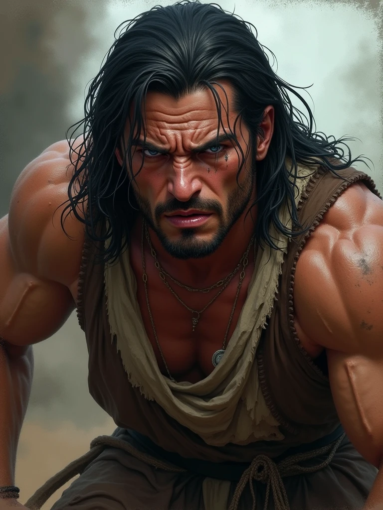 (Cinematic Photo:1.3) of (Ultra detailed:1.3) photo of the most beautiful artwork in the world featuring soft lustrous, ((epic heroic fantasy muscular rugged wet wounded hero man angry looking with long hair and long beard and fierce looking in a dynamic posture)), chest, full face,(dark background:1.4) (epic realistic, hdr, intricate details, hyperdetailed, cinematic, rim light, muted:1.5), ((fantastic location, majestic cluttered environment)), skin pores, very dark lighting, heavy shadows, detailed, detailed face, (photo realistic, dramatic, dark, sharp focus, 8k), (weathered damaged old worn leather outfit:1.5), (intricate:1.4), decadent, (highly detailed:1.4), octane render, sharp focus, heavy rain, particles floating, (Cinemacolor:1.3)