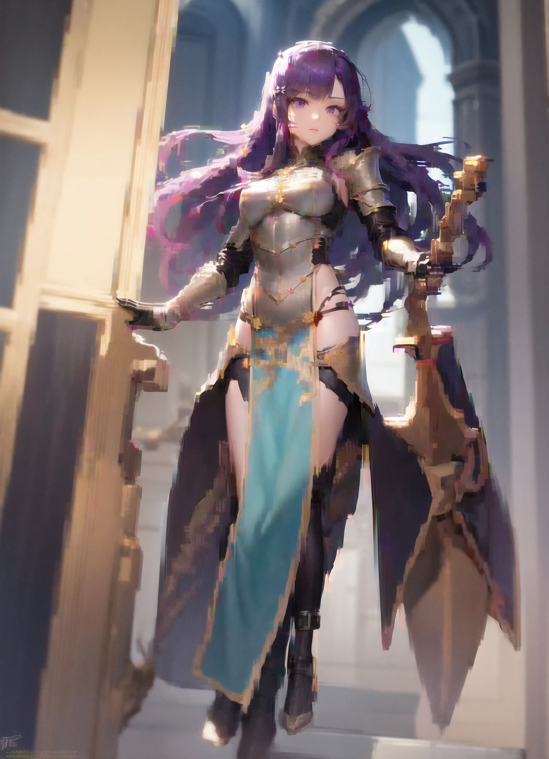 (masterpiece, best quality, supeior quality, intricate details, beautiful, aesthetic:1.2), high quality, 8k, RAW, ultra details, extremely dellicate and beautiful, real shadow, (challenging look), (dinamic pose:1.8), photorealistic, highly detailed painting, award winning painting, marvelous painting, artistic style, stylized, 1girl, cute seductive hot teen girl, (two-tone hair purple and black:1.5), (insane smile, (green eyes:1)), (silver plate armor:1.3), holding katana, no helmet, (half naked:1.2),on a battlefield,