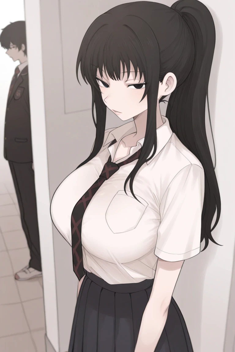 A woman with very long black hair and (very long bangs:1.5), wearing a business suit and pencil skirt with pantyhose, standing. The artwork is inspired by manga and incorporates a doujin style. The woman appears to be (wetting herself:1.5), which causes her to feel embarrassed and humiliated, resulting in a blush on her face. In addition, there is an air of anger in her expression. The lighting in the scene is moody, with a spotlight highlighting the woman's figure. She is crossing her arms, (arms crossed:1.5), fully showcasing her pencil skirt., large breasts