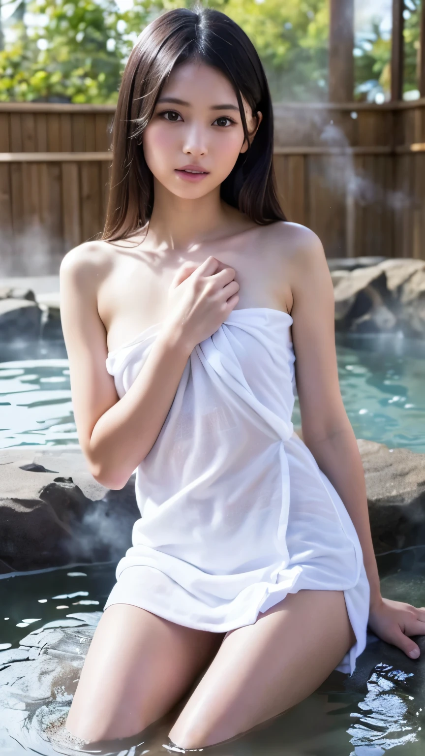 with a girl:her hair is black and short、14 years、laughter、Her face is round and cute。hot spring scene:There is a beautiful シーン floating in the background.、blue sky, White cloud, Green meadows and colorful flowers。The シーン is softly painted like a watercolor painting.、It's a dreamy atmosphere。The シーン expresses the imagination and sensibility of the girl、Pubic hair shows completely naked pubic hair) ,more_be familiar with:1.5, (More and more_be familiar with:1.9)、big breasts、brain out、sunburn、sweat muscle、short straight blonde hair、(bath towel:1.5)、(naked towel:1.3)、身体に1枚のbath towelを巻く、bath towel,((Onsen style:1.3))、punk girl、(Styling hair with both hands:1.3)、cleanliness、Nipple peen、Carefree smile、cleavage、shaking 、Mole in the mouth、stretch your bare feet、inner thigh