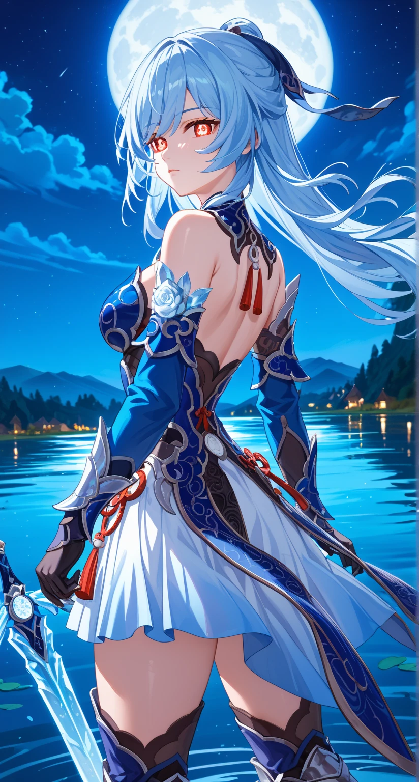 nsfw,Jingliu,glass cover,back shot,alternate color,masterpiece,detailed illustration,lifelike,{{{1Jingliu}}},shiny beautiful woman,cinematic lighting,dynamic angle,dynamic pose,depth of field,looking at viewer,1girl,red eyes,glowing eyes,bright pupils,blue armored dress,white skirt,tassels,hair ribbon,black gloves,blue sleeves,armored boots,light blue skirt,lake,dark,night,dark night,darknight sky,full moon,ice sword,expressionless,standing,open legs,from below,thigh focus,looking back