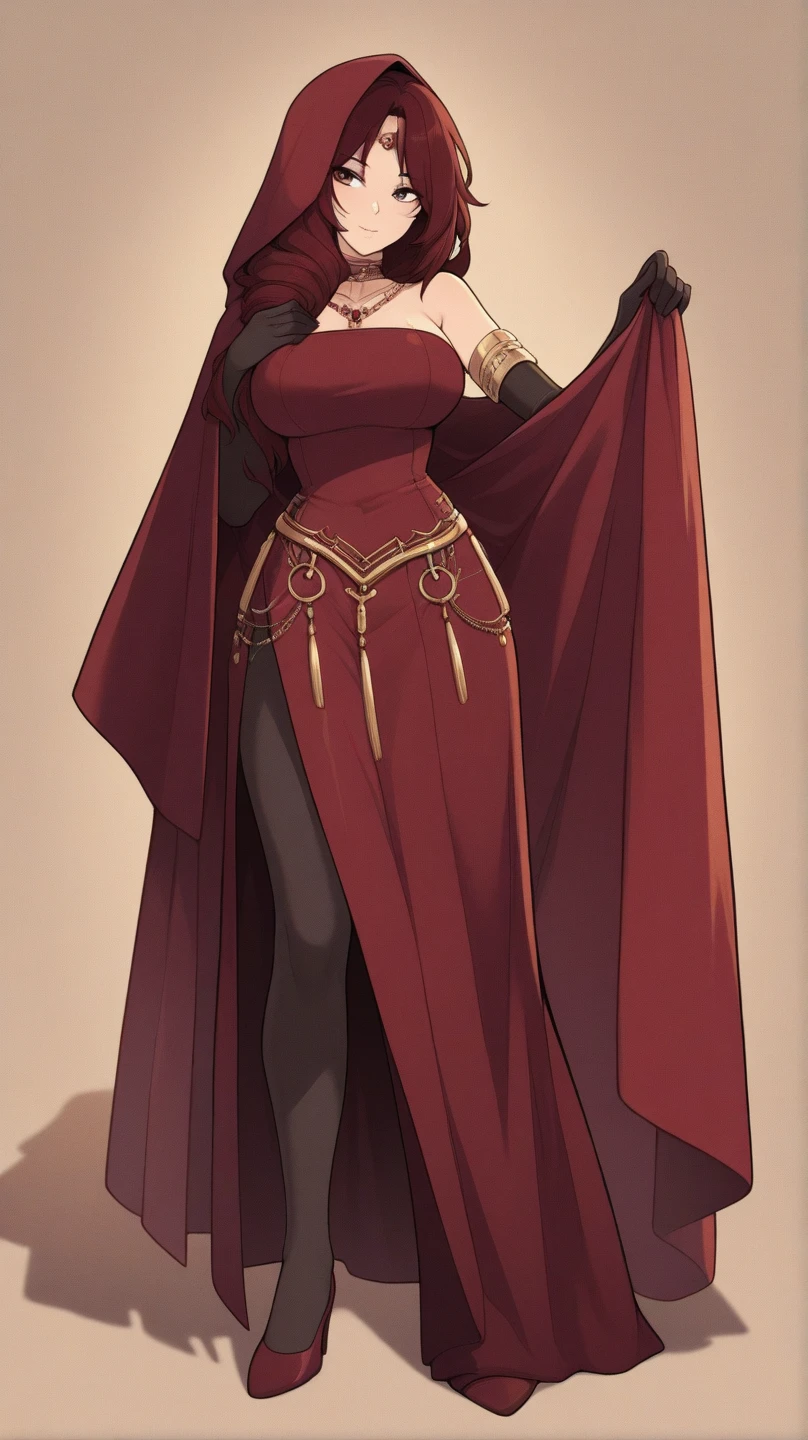 (masterpiece, best quality, high resolution, ((full body, standing,)),1(masterpiece, best quality, high resolution, ((full body, standing,))((huge breasts)) 1 woman mature, very long and messy red hair, red lips, ((chubby dark skin)) long-sleeved fantasy poser dress, cleavage, very long skirt, boots, necklace, hoop earrings, flirtatious smile, sensual posture