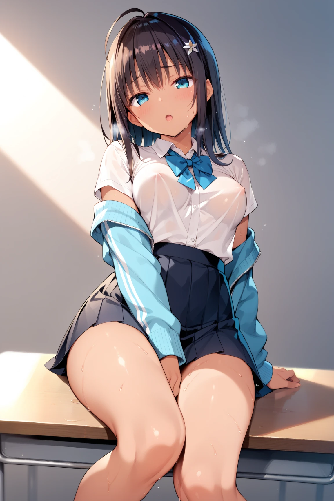 highest quality,wonderful,finely,extremely detailed CG Unity 8K wallpaper, (1 Girl,Black Hair, Blue Eyes,double bun, clothed), (on stomach:1.3),(from behind), (School Swimsuit:1.2), (squatting,open legs:1.3), (black stockings:1.1), (Thighs), (Waistline)