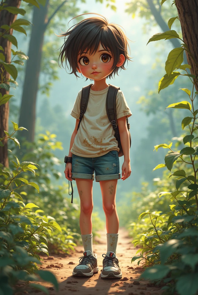 There's a poster with a comic-style character, Exploradora Femenina Mini Chica Linda, Caminando en Selva de flores, Rendering animation styles, lindo renderizado 3D, Small characters. Motor Unreal 5, Lindo arte digital detallado, Renderizado 3D estilizado, Renderizado de aventura, Estilo comic 3D, Renderizado 3D estilizado